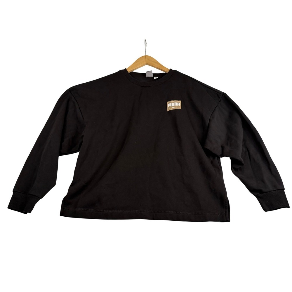 Puma Mens Black Relaxed Fit Crewneck Sweatshirt Logo Patch Boxy L